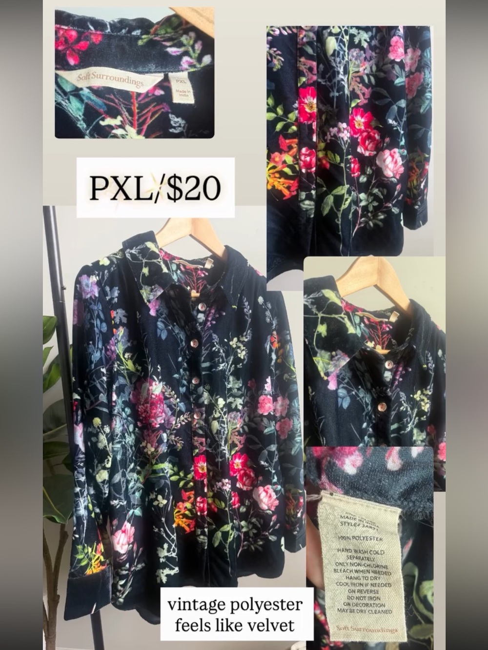 Soft Surroundings Black Floral Velvet-Look Button Down Shirt